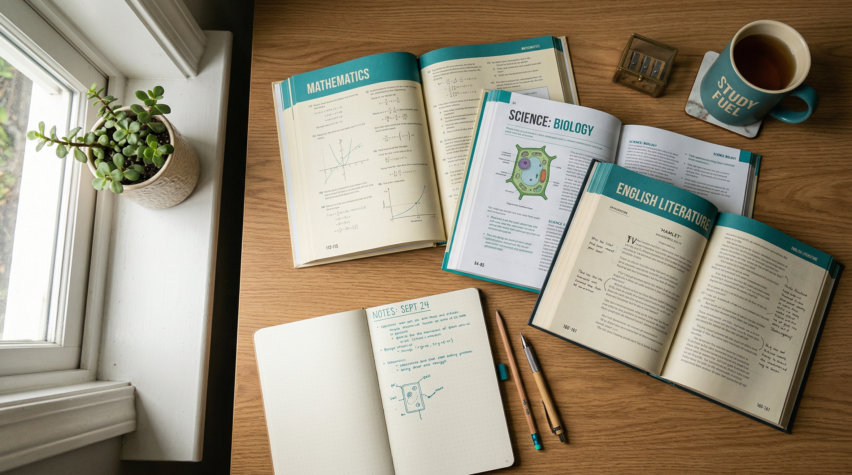 Study desk with Maths, Science and English textbooks